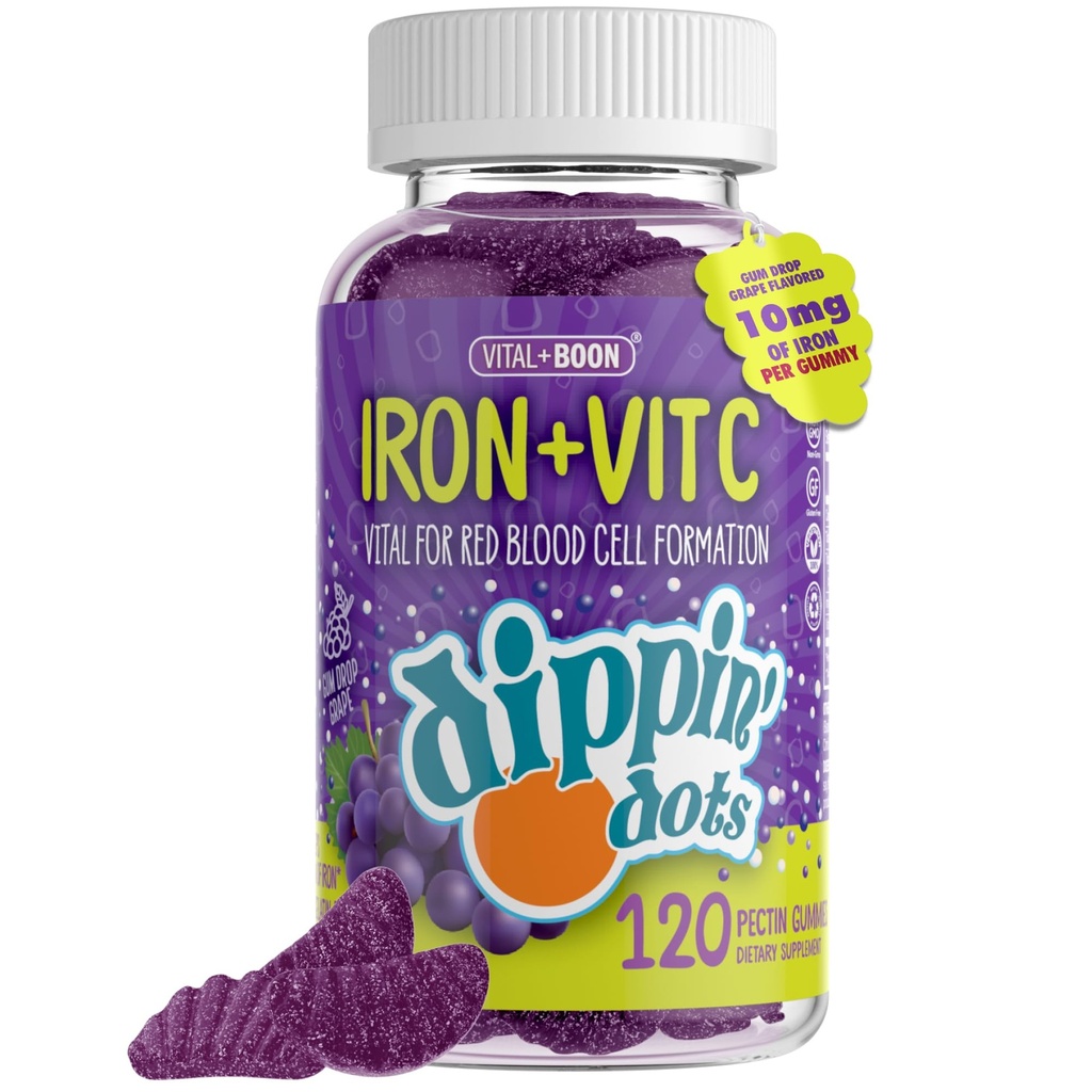 Żelazo z witaminą C & B12 Gummies (120 Count) Vital for Red Blood Cell Formation Adrenation 124; Gum Drop Grape Real Pectin Fruit Chew Suplementy do żucia 124; Wegan, Non-GMO, Gluten Free & Żelatyna Free