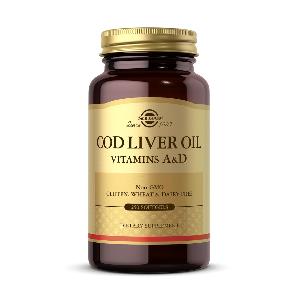 Solgar Cod Liver Oil - 250 Softgels - Dostarcza witaminy A & D - Non-GMO, Gluten Free - 250 Servings