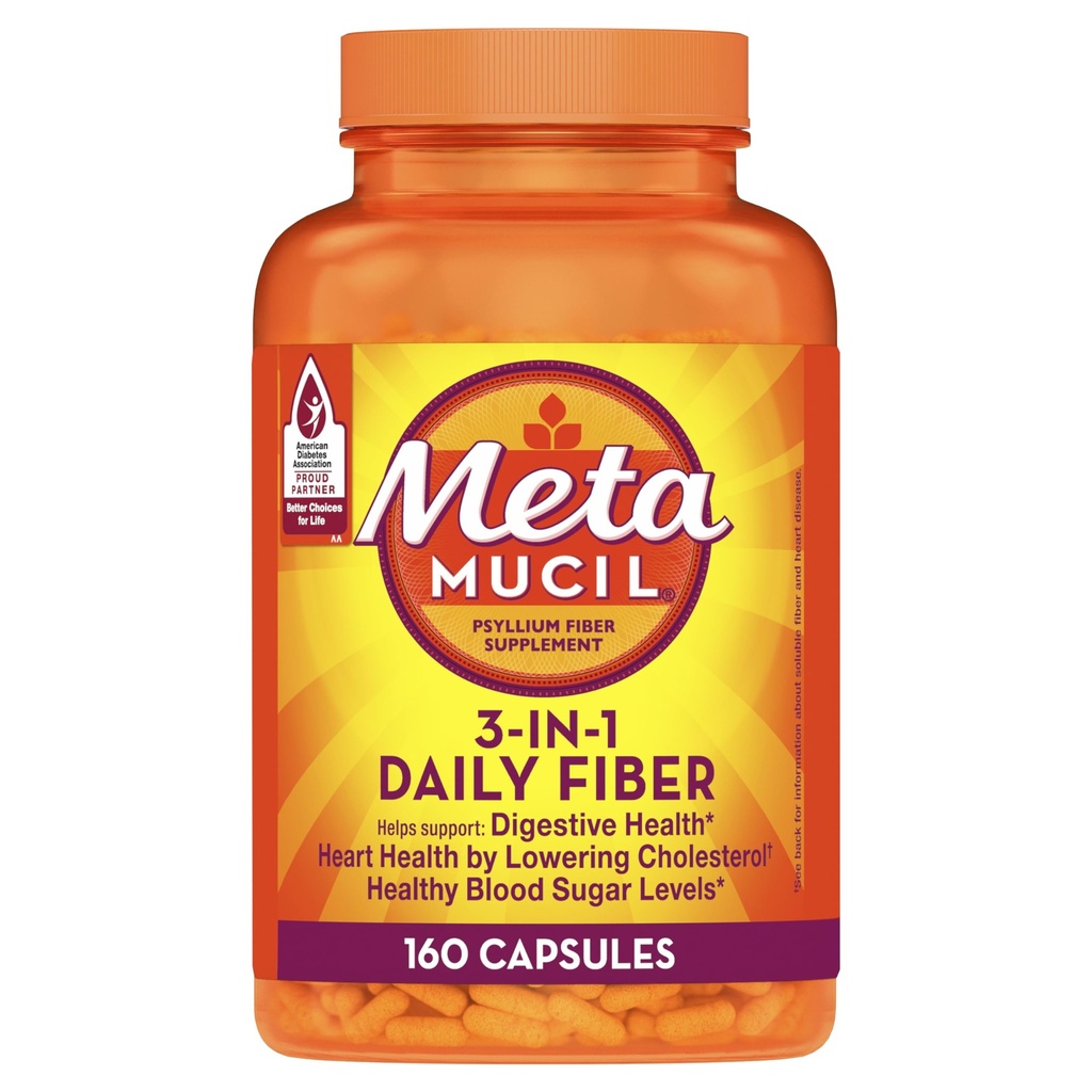 Metamucil, Pyllium Husk Kapsułki, 160 Kapsułki, 3- in-1 Fiber Suplement, Codzienne Psyllium Husk Fiber Kapsułki Pomoc Wsparcie dla Zdrowia Digestive Promowanie Regularności *, Suplement Pomoc Codzienne Fiber Intake