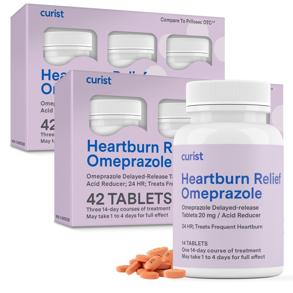 Kurista Omeprazol 20 mg Tabletki luzem - 84Count Delayed- Release Tablets - Acid Refluvel Medicine for Heartburn Relief (2 opakowania po 42 Tabletki - 84 Razem)