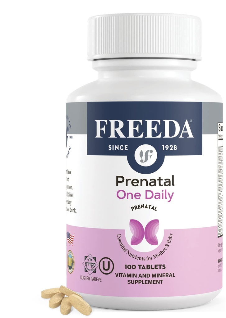 FREEDA Witamina prenatalna - Kosher Prenatals - Witaminy prenatalne z żelazem, Prenatalny Kwas foliowy, Cholina, Witamina D - Jedno Daily Pre Natal Multivitamine Wsparcie dla kobiet w ciąży i karmiących (100)
