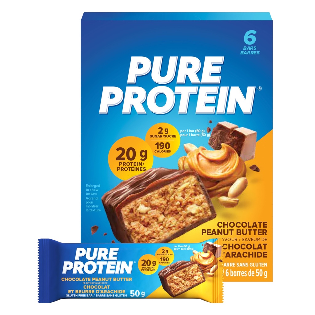Czyste batoniki proteinowe, bez glutenu, batoniki, masło orzechowe czekoladowe, 50 gramów, 6 sztuk, {Importowane z Kanady}