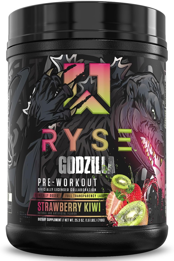 RYSE Godzilla X Noel Deyzel Pre Workout Powder - Truskawka Kiwi - 400mg Kofeina, Wysokie Stim Pre- Trening dla mężczyzn i kobiet z Citruline & Beta Alanine - Energia, Pompa i Focus - 20 / 40 Służenie