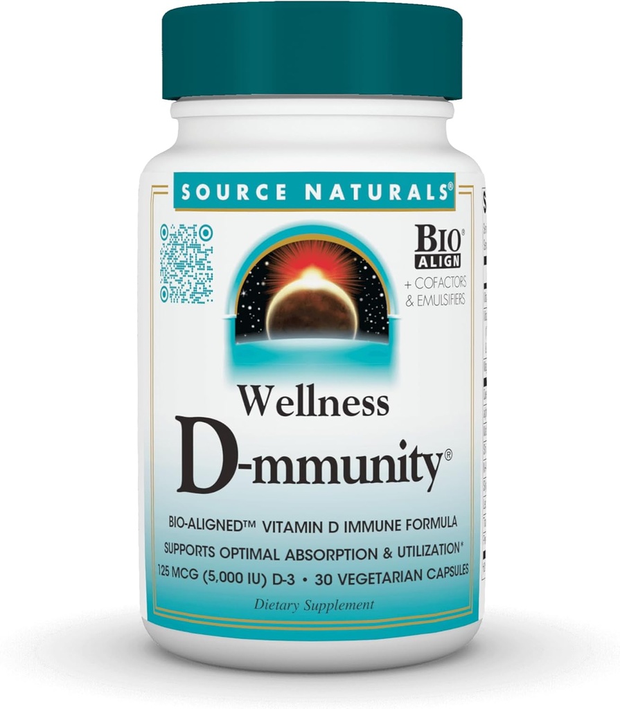 Źródło Naturals Wellness D- mmunity, Bio- Aligned Witamina D immunologiczna Formuła, Wspiera optymalne wchłanianie i wykorzystanie *, 125 μg (5000 j.m.) D- 3- 30 Kapsułki wegetariańskie