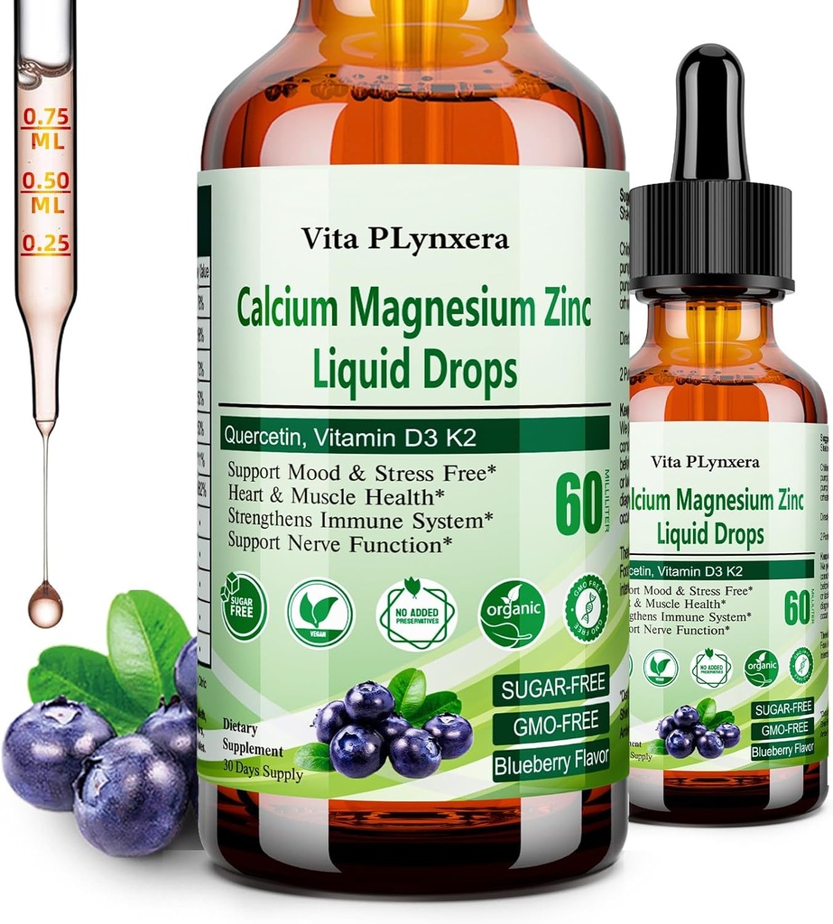 Cynk wapnia Magnezu, Liquid Wapnia Magnezu Cytrate z witaminą D3 K2, B6, Omega-3, Wysokiej mocy Płynne Magnezu Wapnia Krople w. Ziołowe Suplement do kości, Mięśnie, Relaks, Sen, Nerve
