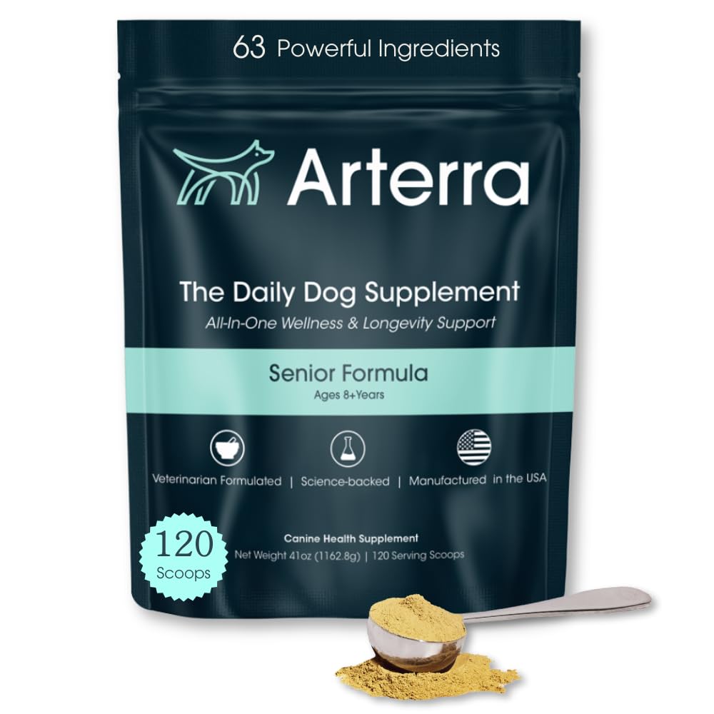 Senior Dog Powder Supplement & Food Topper - 63 Składniki do Joint, Gut, Immune & Brain Health - Daily Longevity Multivitamine with Glucozamine, Probiotics, and Fish Oil British 124; 120 Scoops