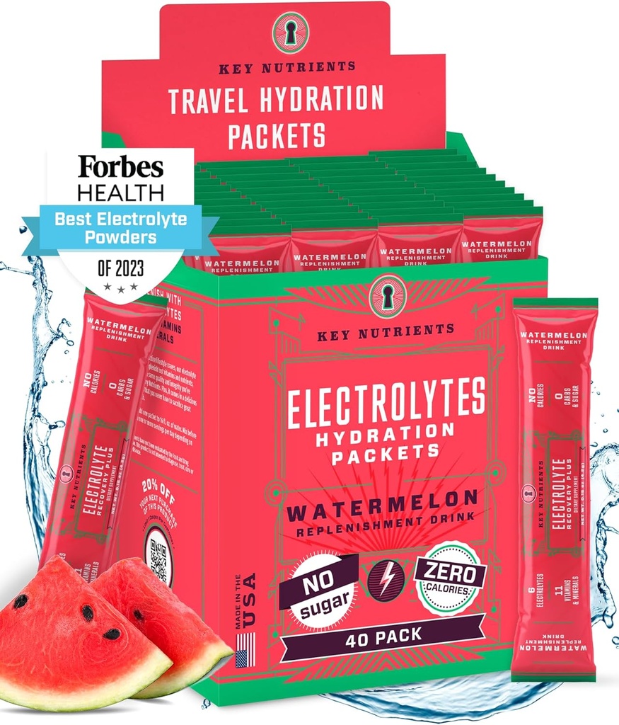 Numery KLUCZOWE Pakiety proszkowe Electrolytes - Odświeżające Arbuz 40 Pakiety nawadniające - Proszek nawadniający podróży - Nie cukier, Nie kalorie, Gluten Free - Made in USA