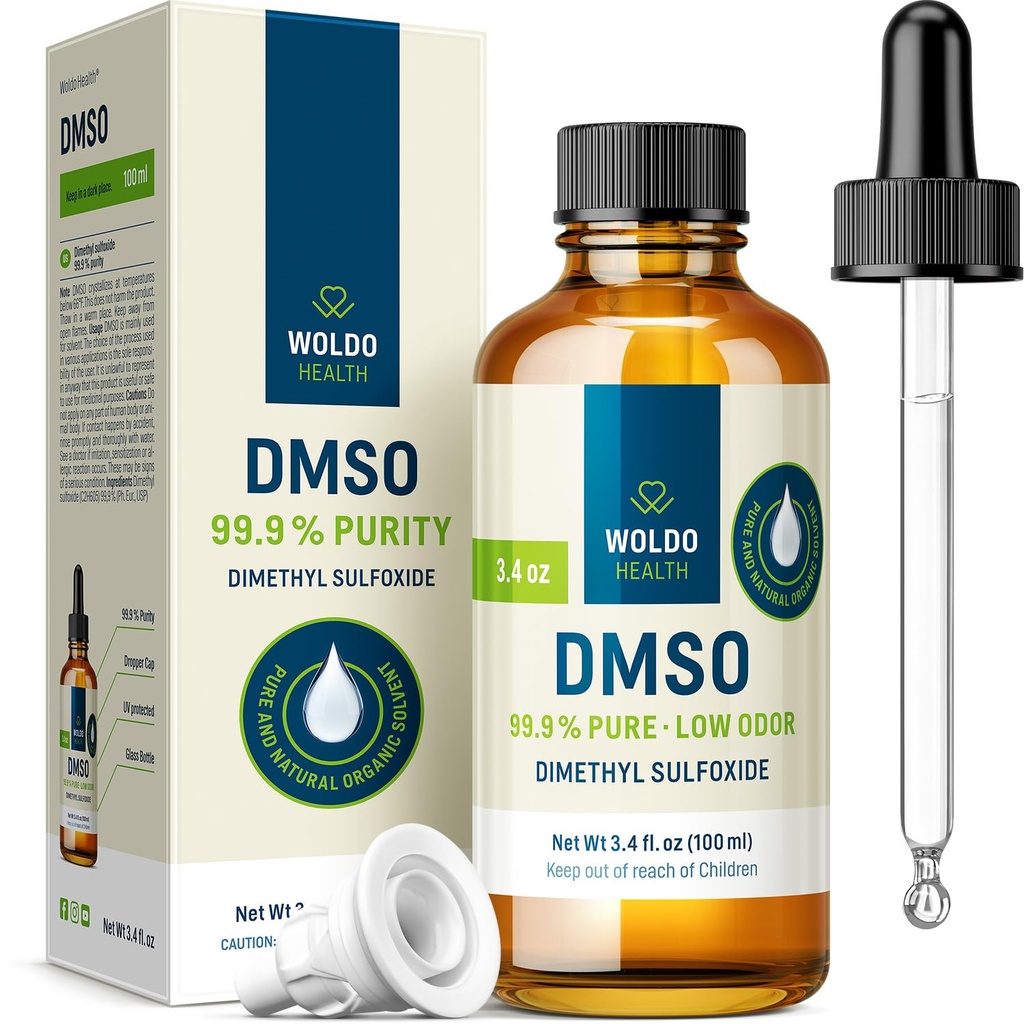 WoldoHealth DMSO 99,9% stopień farmaceutyczny - FT- IR Zweryfikowany siarczek dimetylu, rozpuszczalnik o niskim zapachu w szklanej butelce z kroplomierzem precyzyjnym (3.38 oz)