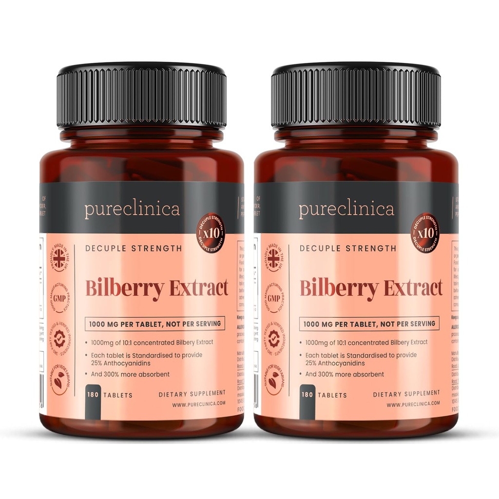 pureclinica Bilberry Extract 10,000mg x 360 tabletek (2 butelki) - 10 x Więcej antocyjanidyny w / 5 mg Black Pepper Extract