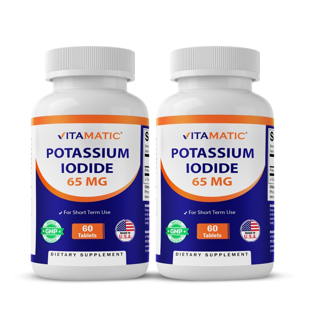 Iodid potasu witaminowego 65 mg na jedną porcję - 60 tabletek - Wsparcie dla tarczycy - Pigułki KI (60 sztuk (opakowanie po 2))