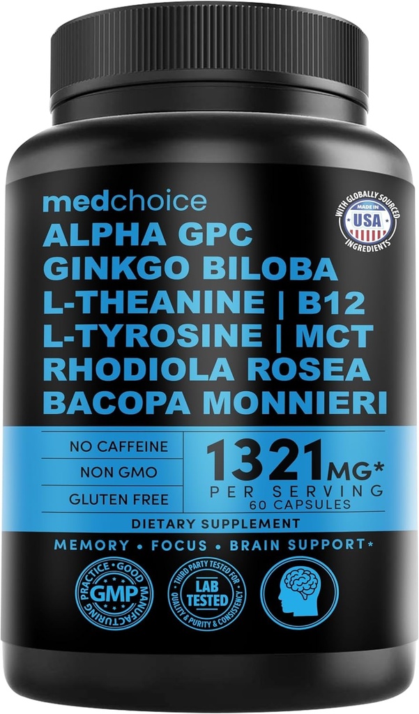 12- in-1 Nootropowy Ginkgo Biloba do wspomagania mózgu, pamięci i ostrości - B12, Alpha GPC, L Theanine i suplementy choliny z bioperiną bez kofeiny 1321mg (60ct)