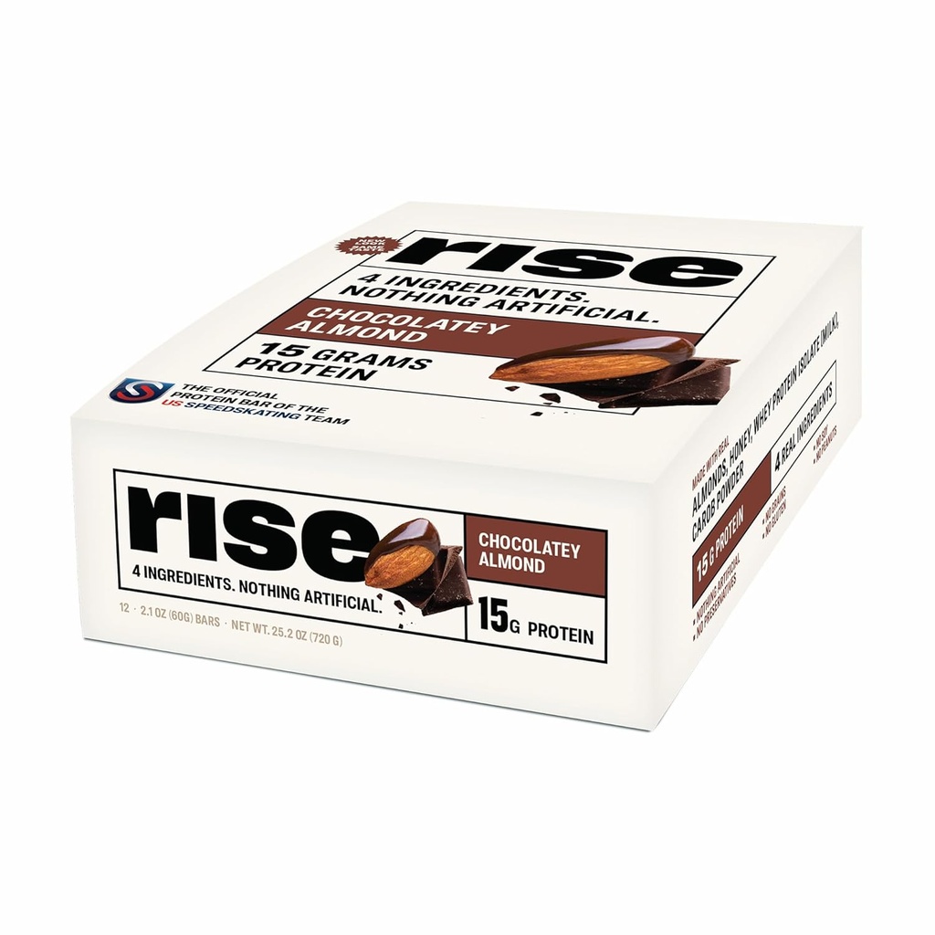 Rise serwatka protein bary - Czekoladowy migdałowy 124; Breakfast Bar & Protein Snack 15 g białka 5g Fiber Just 4 Whole Food Ingredients Gluten- Free Soy