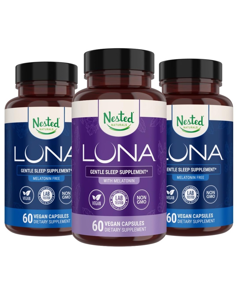 Nested Naturals Luna Melatonine- Free (120 Kapsułek Wegańskich) & Luna Natural Sleep Aid with Melatonin (60 Kapsułek Wegańskich) for Deep Sleep Death 124; Non-Habit Forming