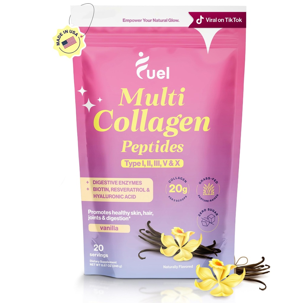 Paliwo Multi Colagen Peptydes Proszek - 20g Zhydrolizowany Kolagen I, II, III, V & X do włosów, skóry, paznokci i wsparcia stawów - Lepsze wchłanianie - Keto & Gluten Free, Francuski Vanila 8.67oz