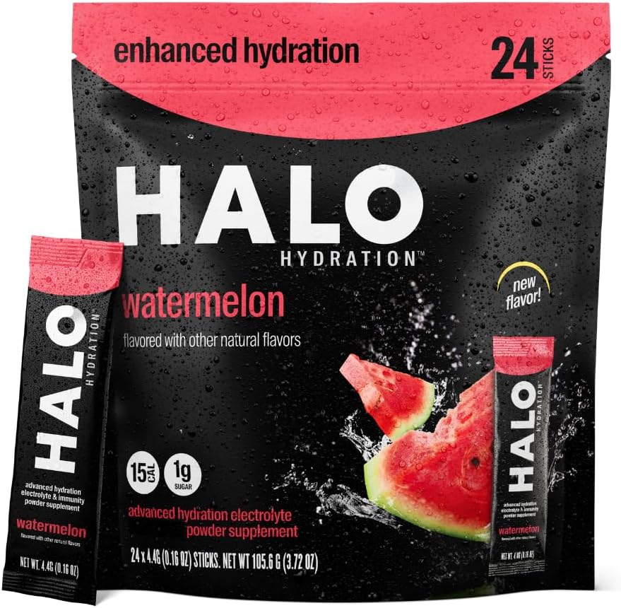 Halo Hydration - Electrolyte Drink Mix Equipment 124; Hydration Powder Packets Equipment 124; Arbuz Flavor - for Sports and Cycling Assistance 124; Easy Open Single Serving Stick (24 Pack)