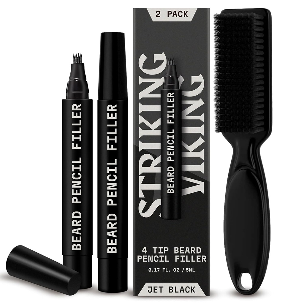 Pakowanie Viking Beard Pencil Filler dla mężczyzn - Opakowanie 2, Jet Black - Wodoodporny Długotrwały Beard Pen - 4-Pronged Tip for Gap Repair & Barber Pencil - Soft Bristle Brush & Pen Filler