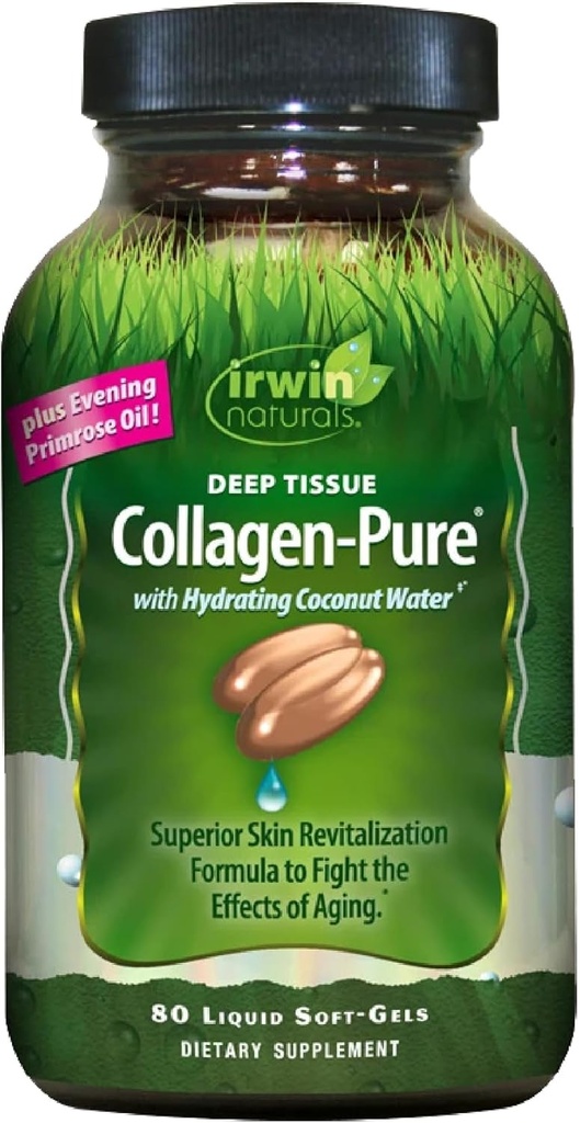 Irwin Naturals Deep Tissue Collagen- Czysty - 80 Płynne Softgels - Superior Skóra Revitalization do walki skutków starzenia - Obejmuje nawadnianie wody kokosowej & Oil Primrose wieczorem