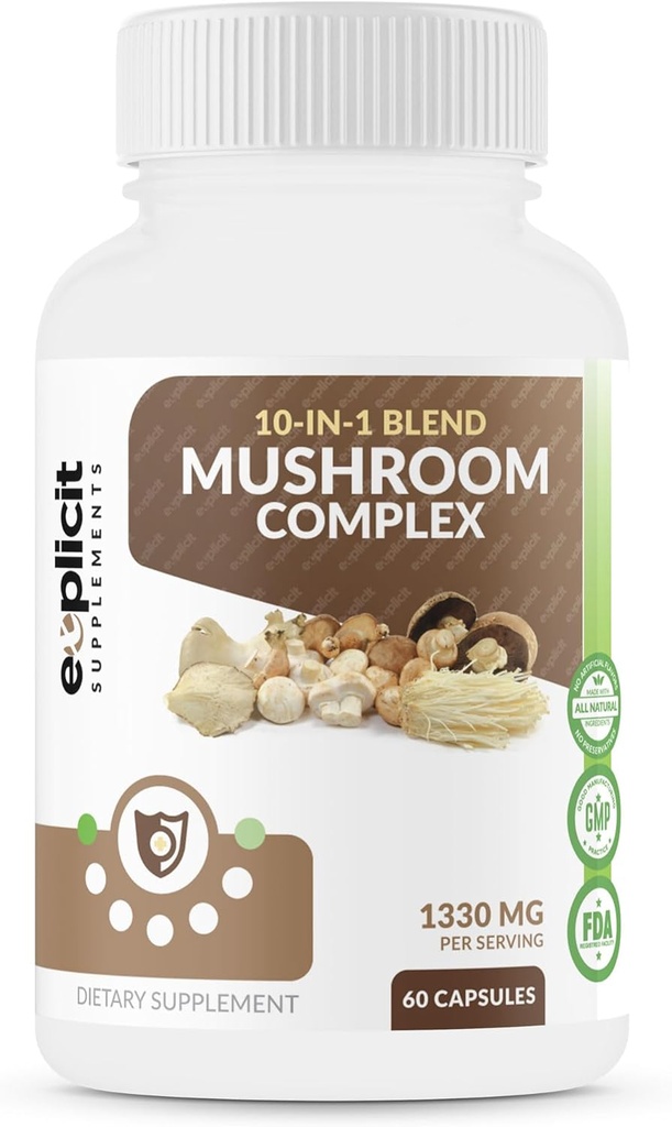 Kompletny suplement do grzybów z 10 Ekstrakty i mieszanki grzybów (Cordyceps, Reishi, Shiitake, Lions Mane, Maitake, Ogon indyka, Chaga, Royal Sun, White Button, Black Grzyb grzyba) - 60 Czapki