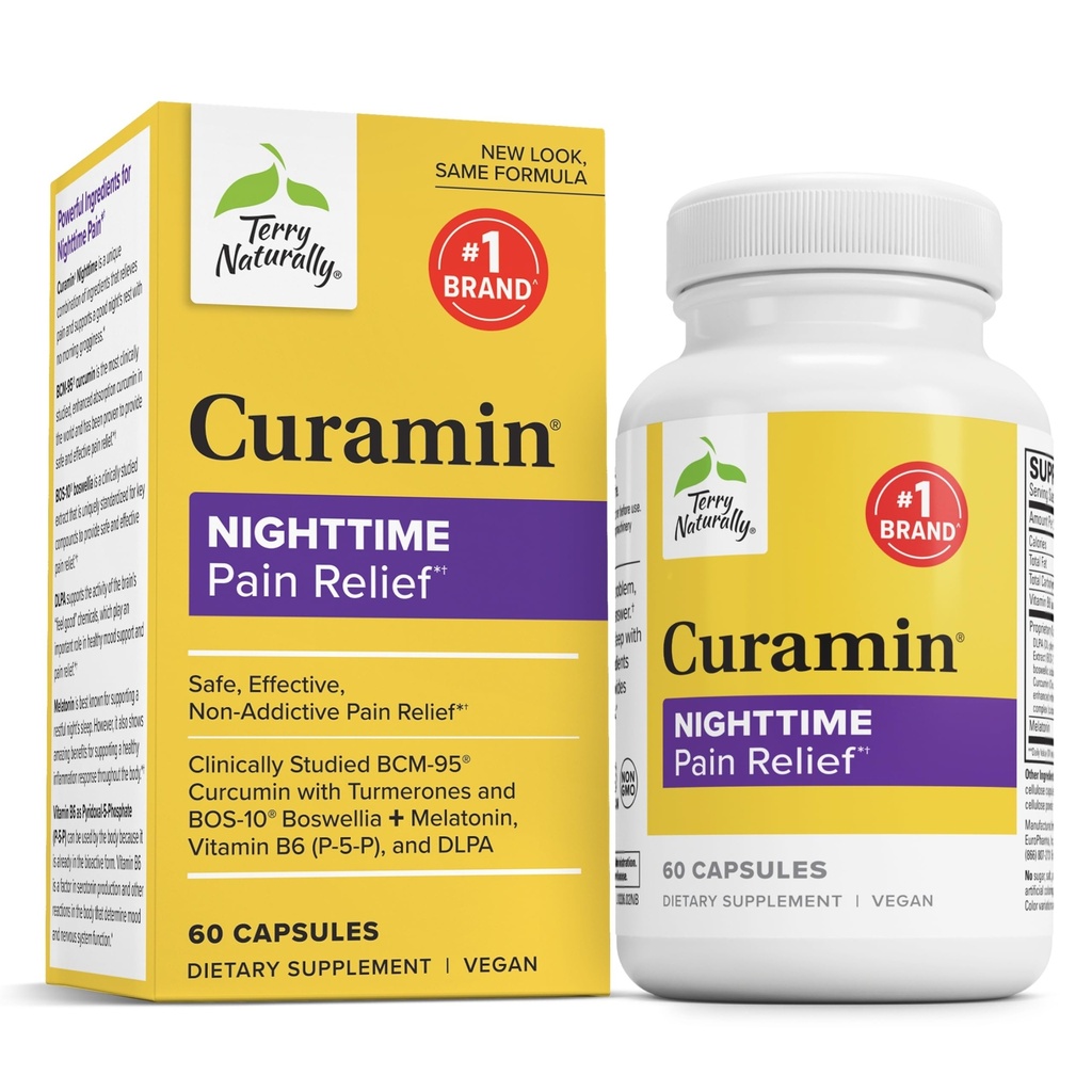 Terry Natural Curamin Night - Kurkumina & DLPA Suplement kapsułki - Nie-GMO Suplement do wsparcia zdrowego snu i relaksacji - Suplement ziołowy z melatoniną - 60 Kapsułki