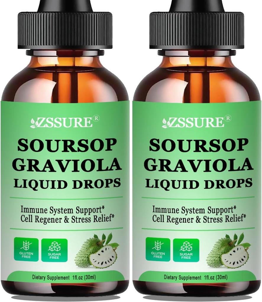 (2 Pack) Soursop Graviola Leaf Drop Dwudziesty czwarty; Soursop Bitters Liquid w / Sea Moss, Witamina C & Cynamon for Cell Support & Regeneration, Immunitet, Wątroba, Zzz & Antioksydant Dwudziesty czwarty; Wysoki Wchłanianie Wegan