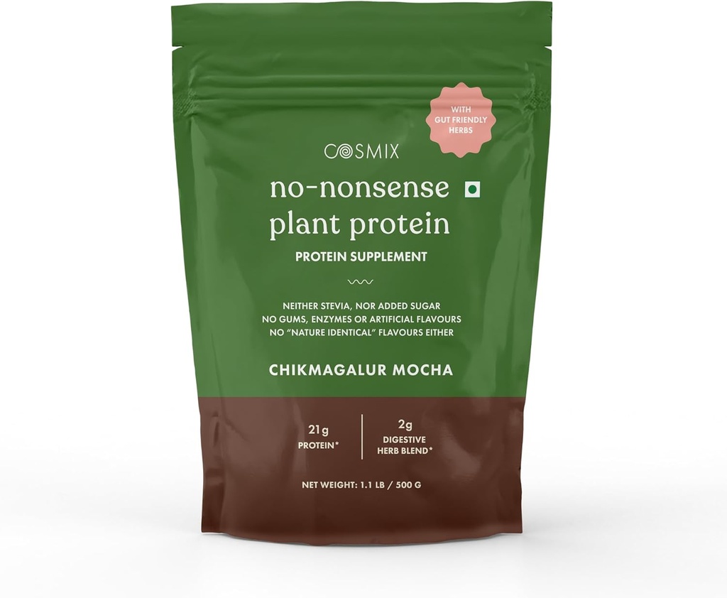 Cosmix No Nonsens Plant Protein Equipment 124; Organic Brown Rice & Pea Isolate Equipment 124; Easy Disease Equipment 124; 24G Protein / Serving Equipment 124; Gluten & Laktoza Free Equipment 124; (Chikmagalur Mocha, 500g)