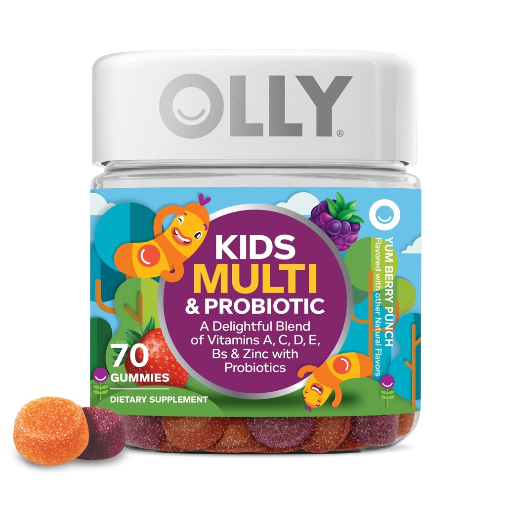 OLLY Kids Multivitamin & Gummy Probiotyczne, Poparcie trawienne, Witaminy A, D, C, E, B, Cynk, Suplement do żucia, Berry Flavored, 35 Day Supply - 70 Count
