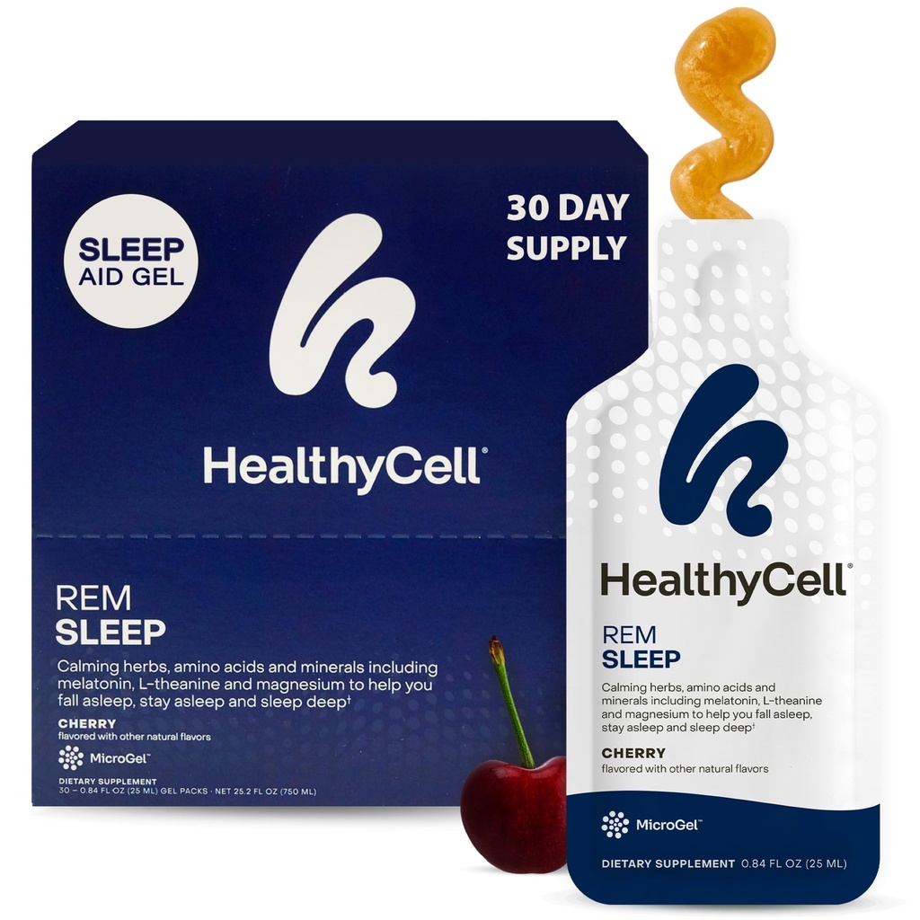 Healthycell REM Sleep Assistance Supplement dla dorosłych - Płynny żel Extra Siła Sleep Supplement z Melatoniną, Magnezem, L- Theaniną, GABA & Natural Calming Herbs - 30 żelowe opakowania, Cherry Flavored