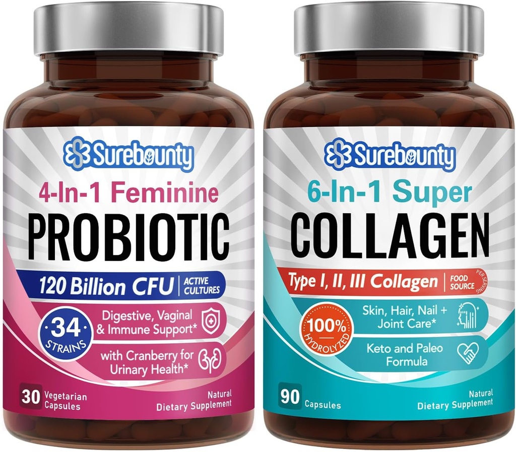 Probiotic + Collagen Bundle, 4- in-1 Feminine Probiotic (30ct) & 6- in-1 Super Collagen (90ct), 2 Pakiety, Żurawina, Digestive & Healthy Aging Support, Non-GMO