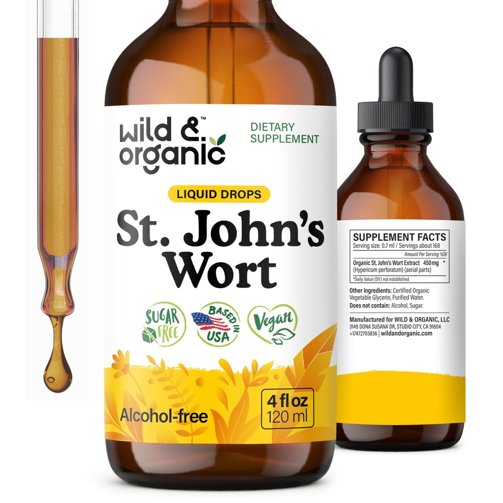 Wild & Organic St Johns Wort Tincture - Mood Support - Calming St John 's Wort Supplement - Hypericum Perforatum Herbal Liquid Drops - Vegan, Sugar & Alcohol Free - 4 fl oz