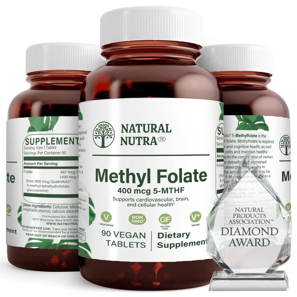 Naturalne Nutra Aktywny Folate Metylu Suplement z Quatre folic, Wsparcie Heart and Body Health, Pomaga w zdrowiu mózgu, Poprawa pozytywnych wibracji, Pomoc Reduce Bone- Zmęczone, B9, 90 Tabletki wegańskie (Opakowanie 2)