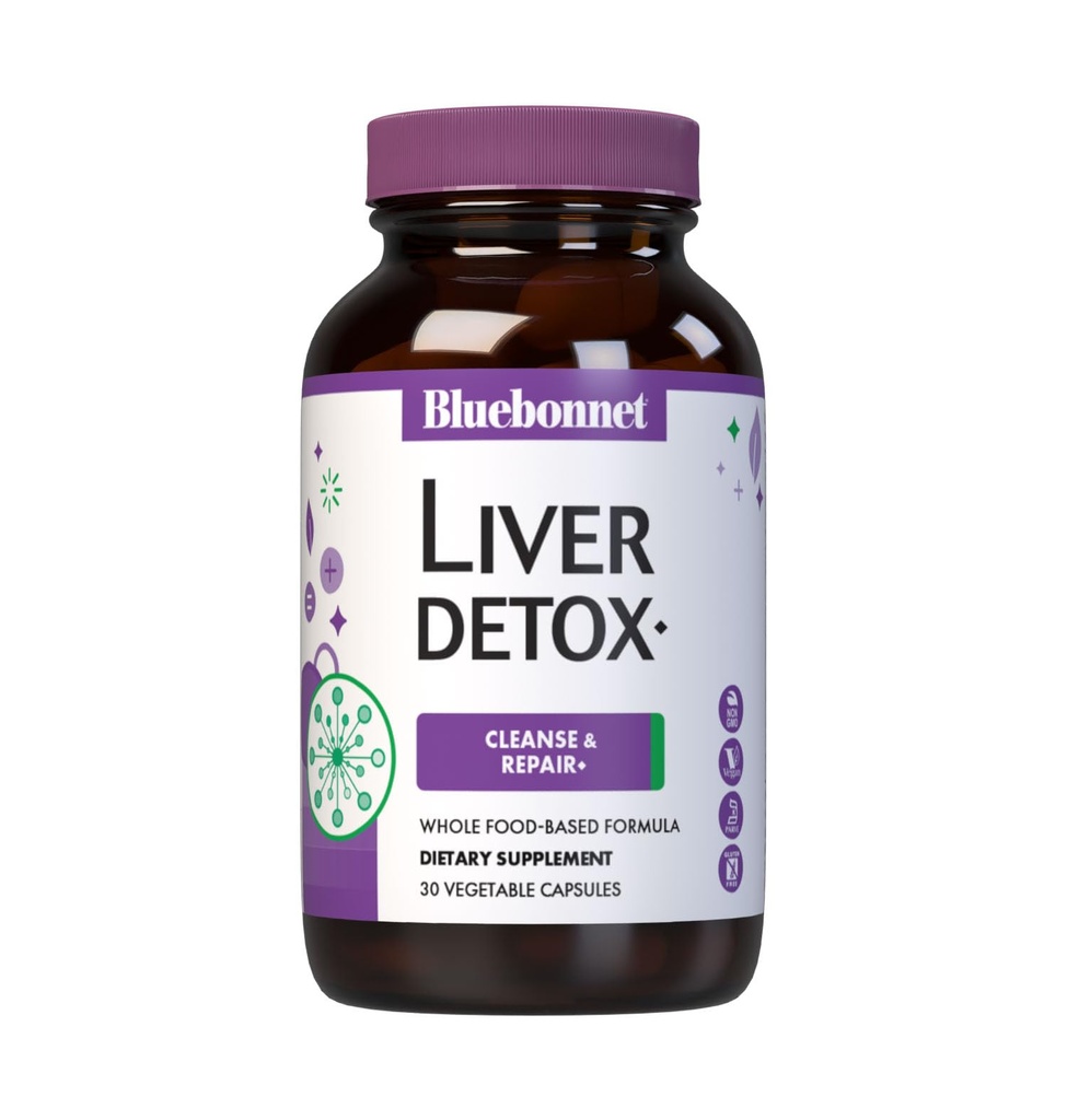 Bluebonnet Nutrition Liver Detox, Liver Health *, Antioksydant Protection *, Soy- Free, Gluten- Free, Kosher Certified, Non-GMO, Dairy-Free, 30 Kapsułki roślinne, 30 Słupki