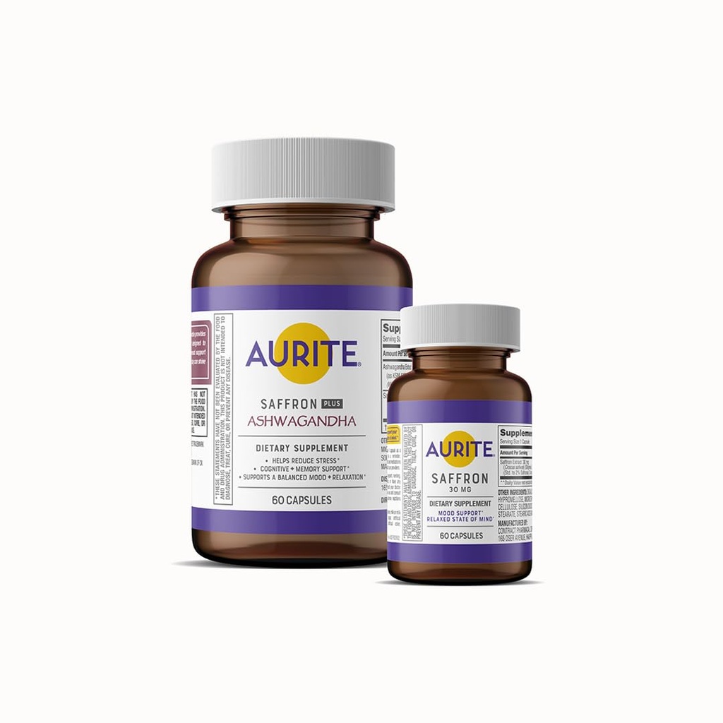 Saffron Ashwagandha & Saffron Supplement Bundle. Zarządzanie stresem, Wsparcie nastrojów, Długoterminowa Pamięć, Przyjazny wegetarianin, Nie-GMO, Gluten- Free, Soy- Free