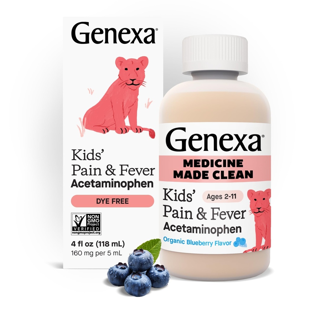 Genexa Czysty Acetaminofen dla dzieci 124; Pediatrician Preferowane składniki do 124; Ból i gorączka Reduktor dla dzieci 124; Bez barwnika, 0% Sztuczne dodatki do 124; Wieki 2- 11, Pyszne Organic Blueberry Liquid, 4 fl oz
