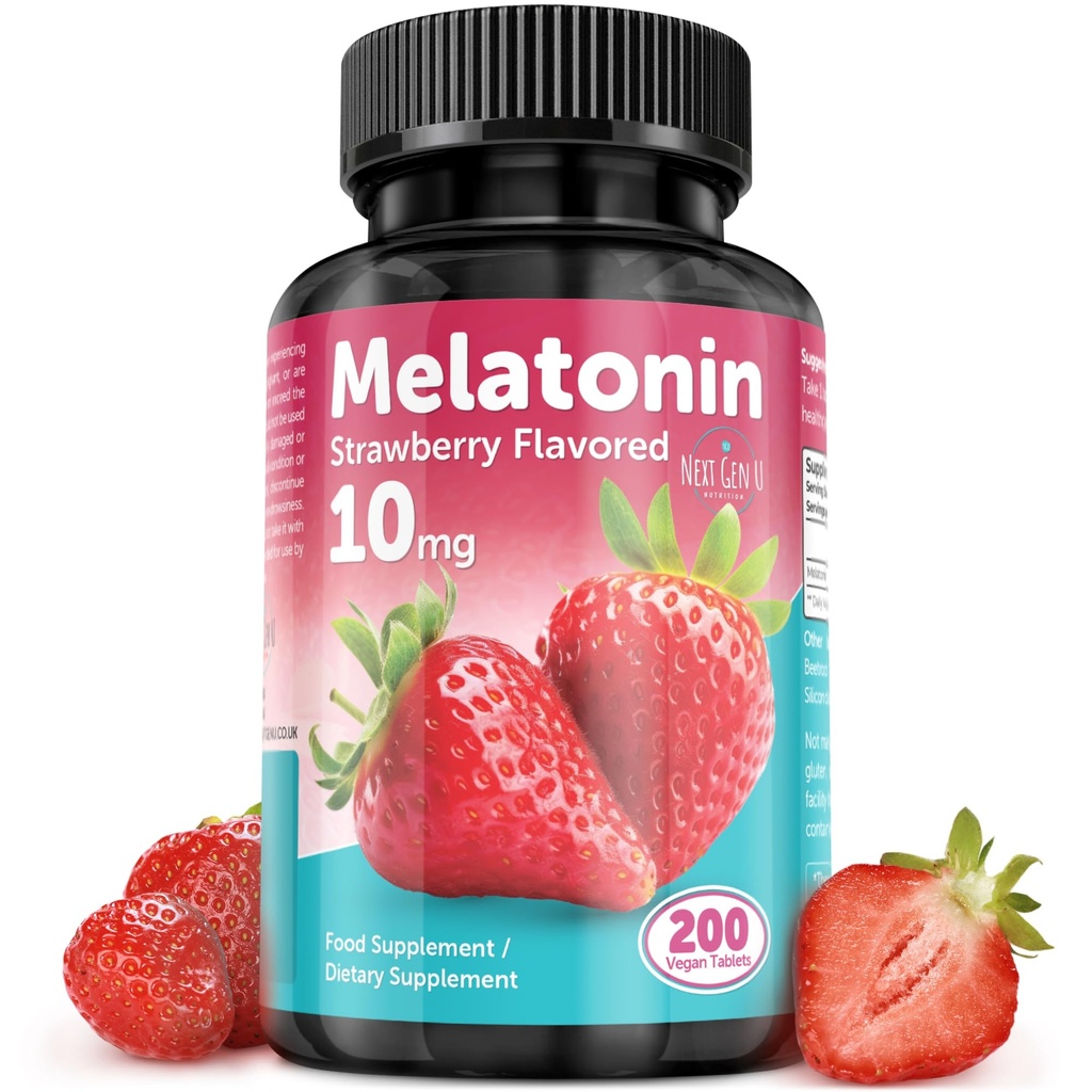 Tabletki melatoninowe - 10 mg Suplement diety - Truskawka Smakowana - 200 tabletek wegańskich - NextGenU