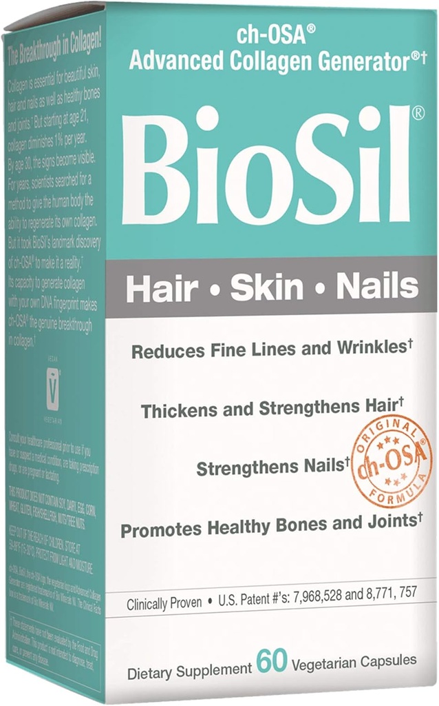 BioSil przez naturalne czynniki, włosy, skóra, paznokcie, wspiera zdrowy wzrost i siłę, Vegan Collagen, Elastin i Keratin Generator, 60 Kapsułki