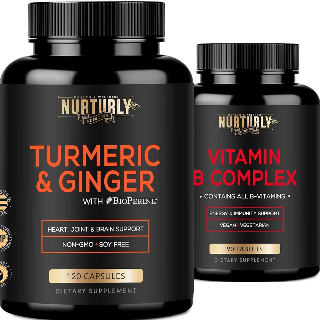 Witamina B Kompleks i kurkumina turmerowa z BioPerine & Ginger - Zawiera wszystkie podstawowe witaminy B - B1, B2, B3, B5, B6, B7, B9, B12 i Biotin - Wysoka absorpcja suplementów turmerowych