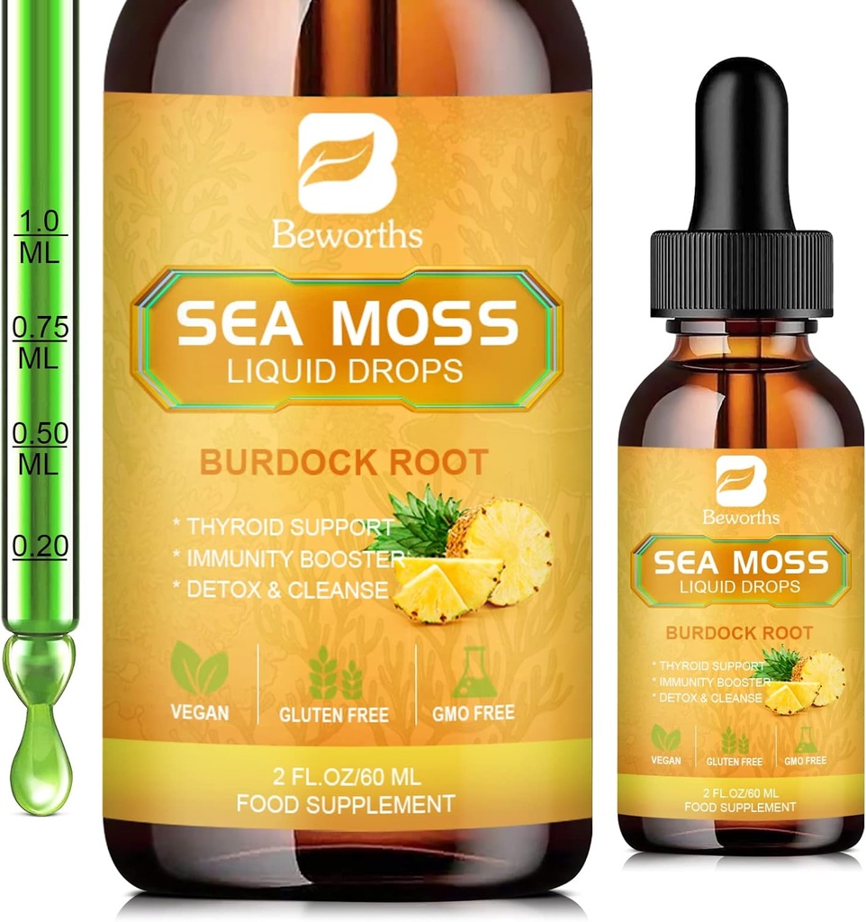 Sea Moss Liquid Drops - Organic Irish Sea Moss Gel z Spirulina, Bladderwrack, Burdock Root, Pinapple Seamoss Gel Supplement for Joint, Detox Cleanse & Wsparcie trawienia - 2 Fl Oz, Wegan