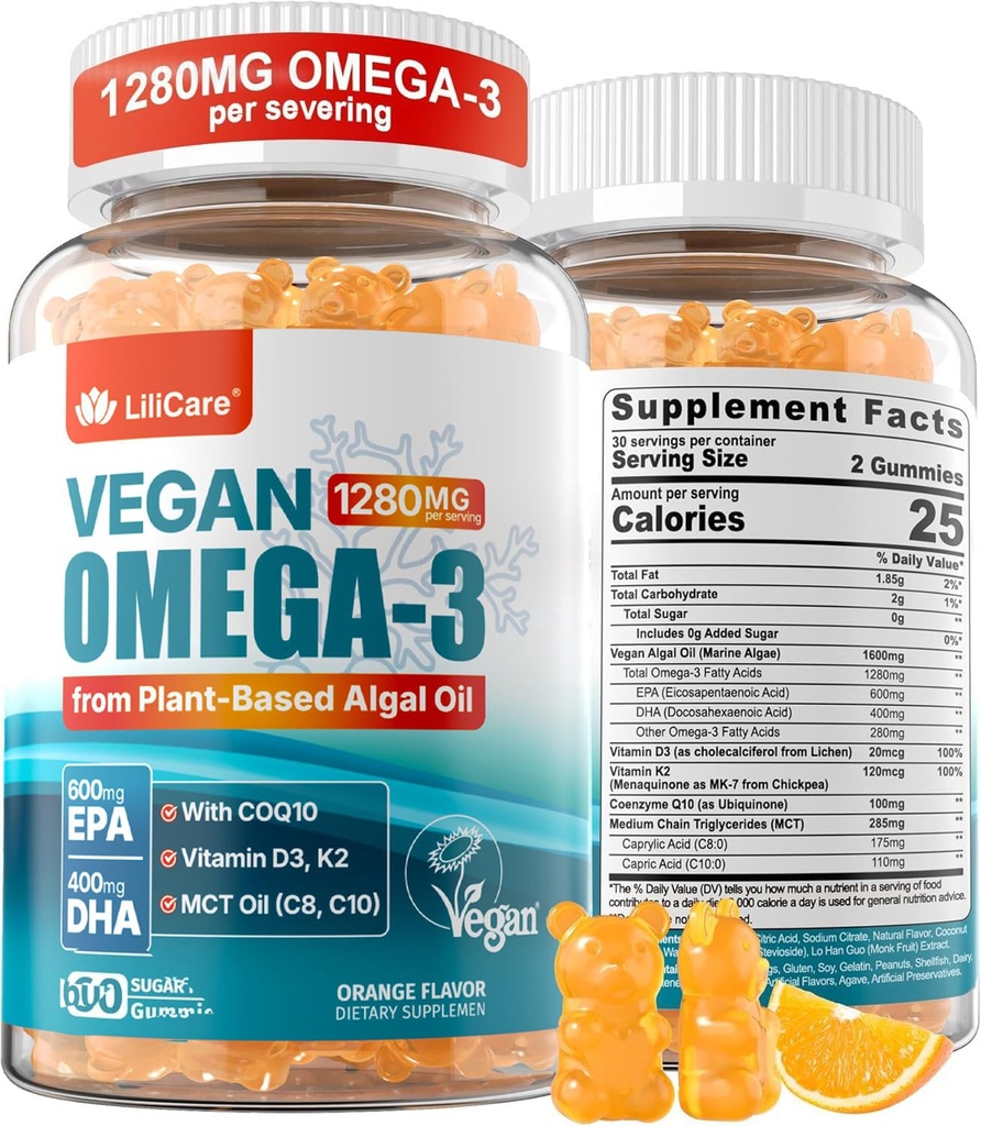 Wegańskie gumki Omega-3 1280mg + COQ10 + witamina D3 K2 (MK7), Omega 3 alternatywa oleju rybnego dla dorosłych w / EPA 600mg DHA 400mg & MCT Oil, No Fish Taste from Marine Algae, for Brain, Eye, Immunitet, 1 Pack