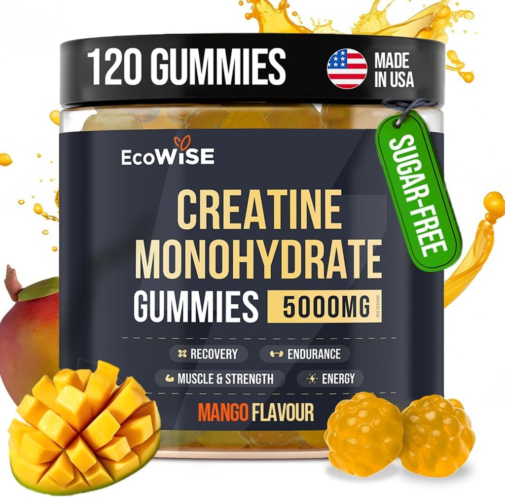 EcoWise Wellness Gummies Monohydrat Creature 5000 mg, Mango Flavor, 120 Sugarfree Vegan Chews, Suplement do kreacji dla codziennej rutyny