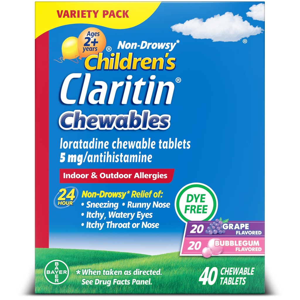 Claritin Dzieci leki alergiczne, 24- Godziny Non- Drowsy Lorrigon 5mg tabletki do żucia, Antyhistamina dla dzieci w wieku 2 lat i starszych, Grape & Bubble Gum Flavors, 40 Tabletki