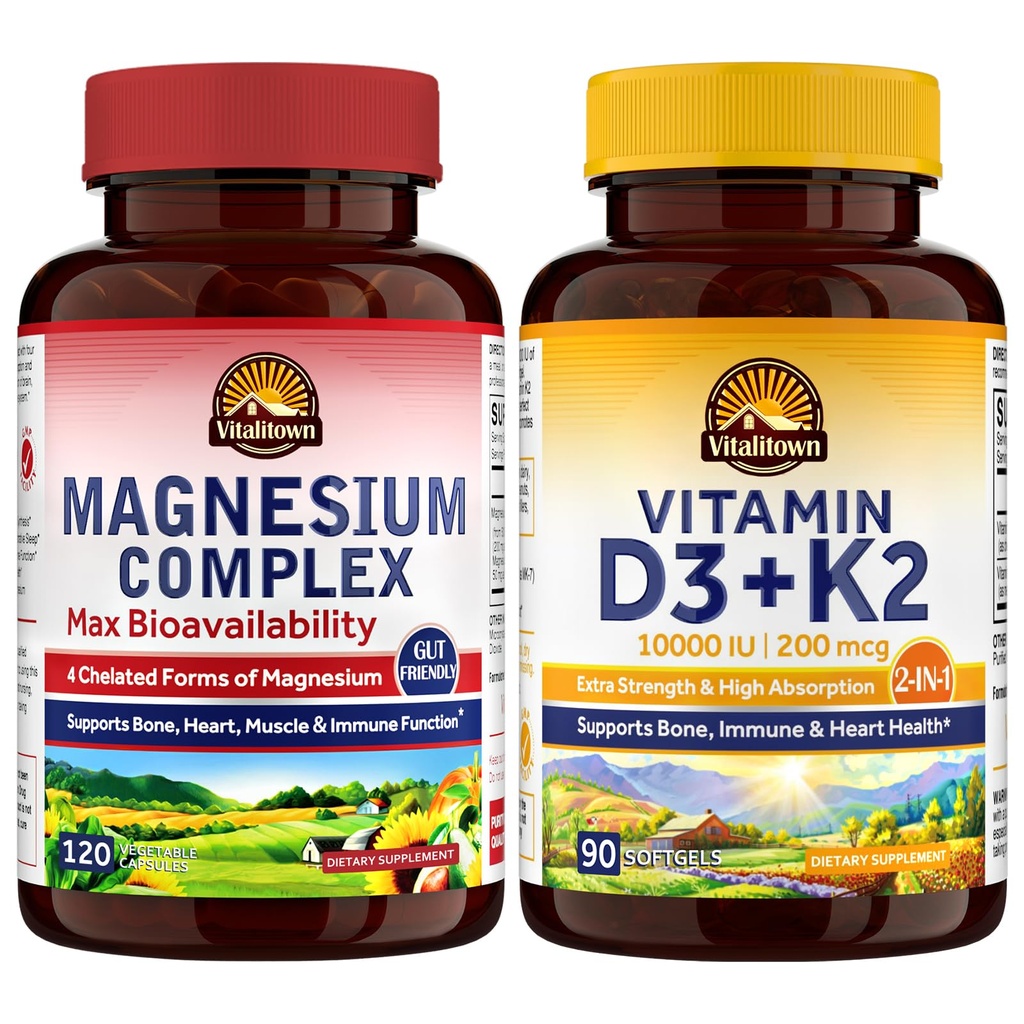 Vitalitown Magnezu Complex & Witamina D3 K2 Bundle (Opakowanie po 2) XI124; dla Bone Heart Immune & Muscle Between 124; Magnezu Glycinate, 10000IU D3, MK- 7 XI124; 120 Mag Caps & 90 D3 Softgel