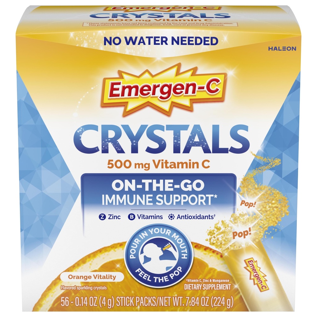 Emergen- C Kryształy, On- Emergen- C Suplement wsparcia immunologicznego z witaminą C, Witaminy B, Cynk i Mangan, Witalność pomarańczowa - 56 Pakiety stick
