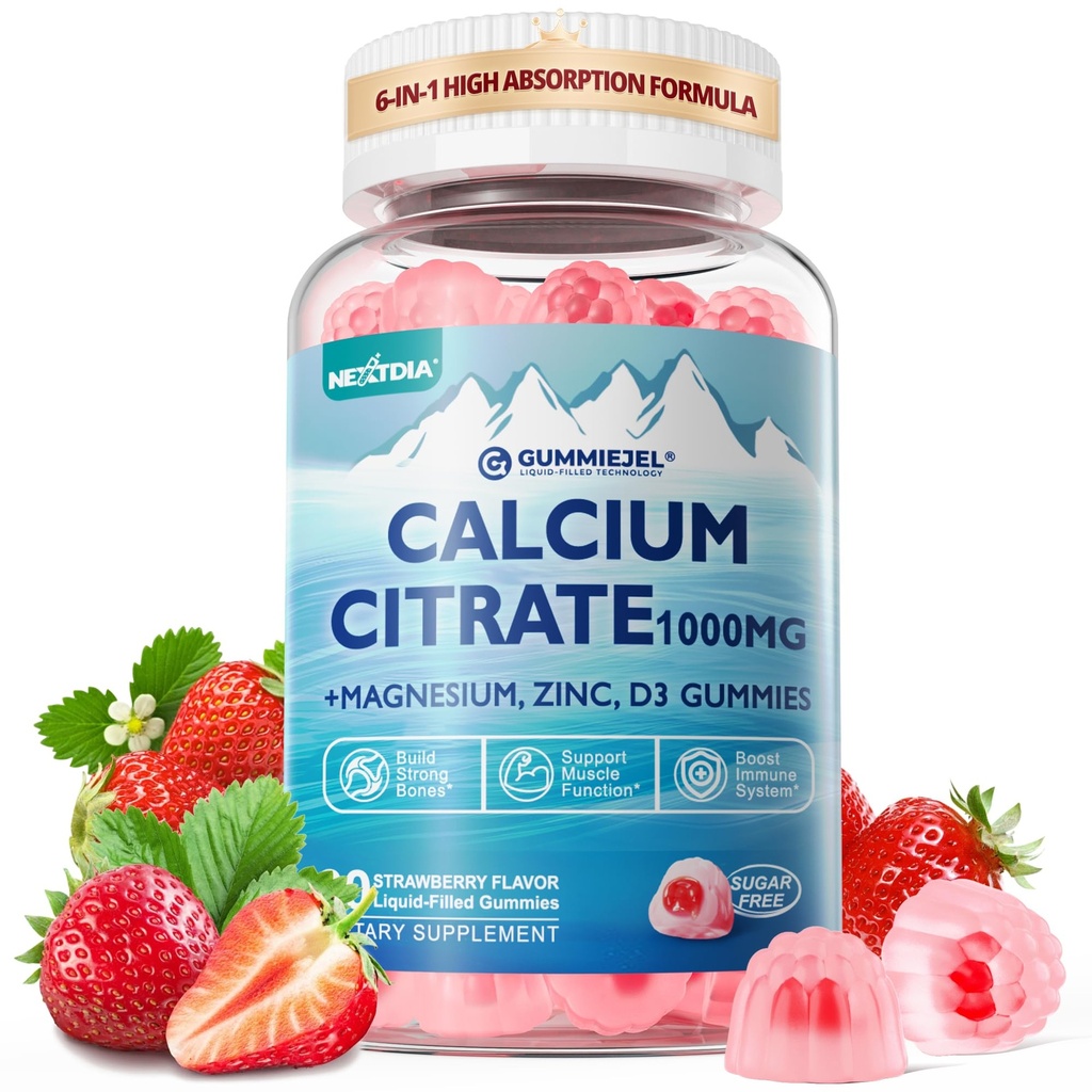Suplement do cytrynianu wapnia 1000mg dla kobiet i mężczyzn, 6- in-1 Magnezu wapnia Gummie cynku + Witamina D3, B6 i Potas Wysoka absorpcja dla kości, Zęby, Mięśnie i Nerwy Zdrowie, Wegan, Cukier wolny, 60Cts