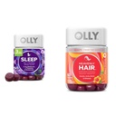 OLLY Sleep Gummy z Melatonin, L- Theanine, Botaniki, BlackBerry Flavor, 50 Count & Heaven Hair Gummy z keratyny, Biotin, AMLA, Tropikalny aromat pomarańczowy, 60 Count Bundle