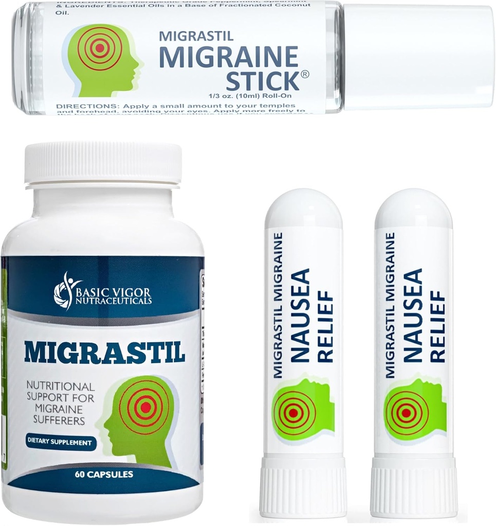 Basic Vigor Migrastil Migrena Support Kit z Migrena Stick, kapsułki i Nudności Inhaler. Made in The USA