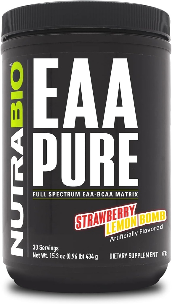 NutraBio - EAA Pure - 9 Acids Amino - Naprawa i odzysk mięśni, 30 Służenia, Truskawkowa bomba cytrynowa - Przed lub po treningu - All Day Recovery