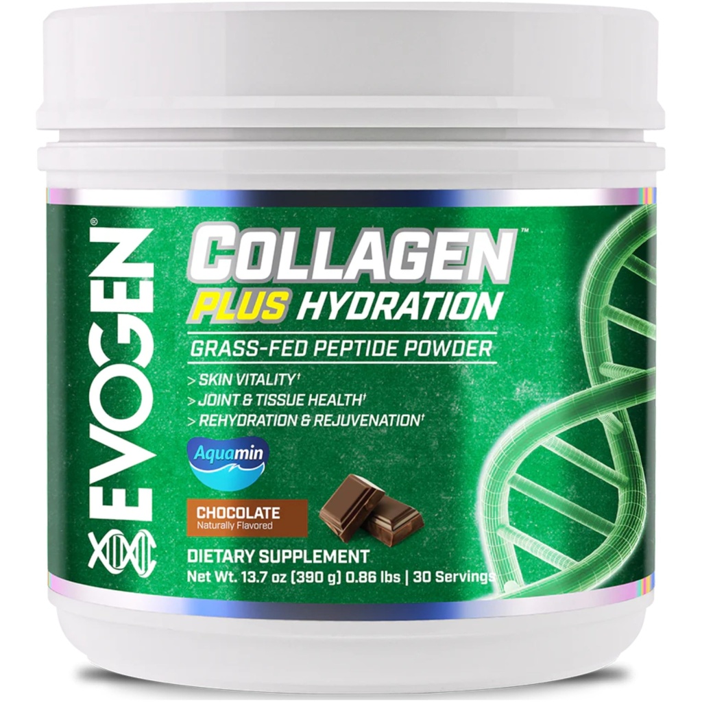 Evogen Collagen Plus Hydration - Kolagen pokarmowy dla kobiet i mężczyzn 124; Kolagen Peptydów w proszku 124; Kolagen w proszku wspierający witalność skóry, Hydration, Joint & Tissue Health 124; Czekolada 124; 30 Służenie