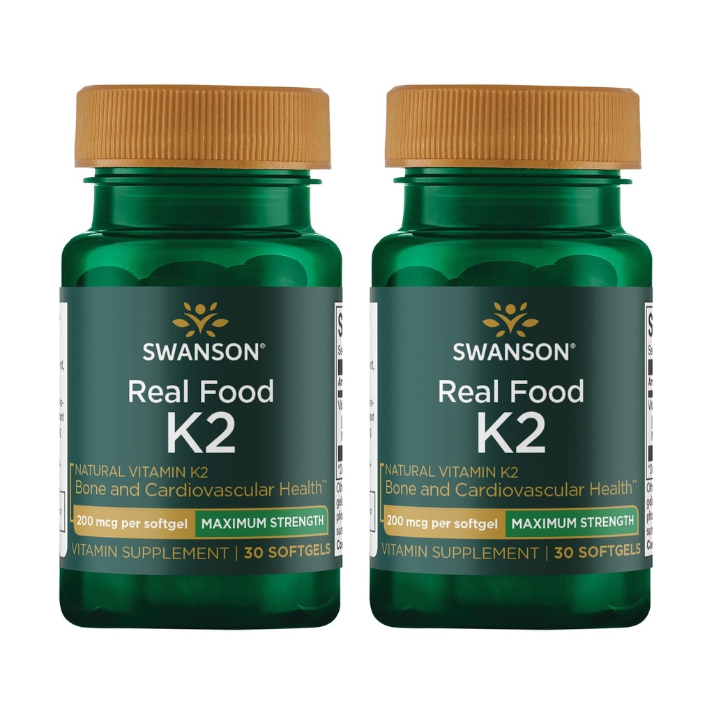 Swanson Maksymalna siła Witamina K2 (Menaquinone- 7) - Suplement witaminy wspierający sercowo-naczyniowe i kości - wykonane z japońskiego Natto pomóc Regulacji wapnia (30 Softgels, 200mcg każdy) (2 opakowania)
