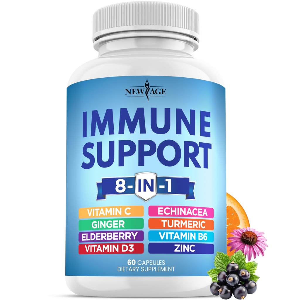 Nowy wiek 8 w 1 Immune Support Booster Suplement z Echinacea, Witamina C i Cynk 50mg, Witamina D 5000 IU, Kurkumina kurkumina i Ginger, B6, Jeżyna 60 Hrabia (Opakowanie po 1)