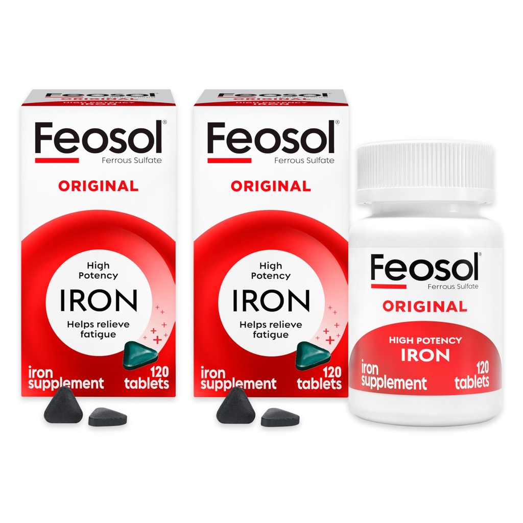 Feosol Original Iron Supples Tablets, Non-heme 325 mg Siarczan żelaza (65mg Żelaza pierwiastkowego) per Pill, 1 per Day, 4 Month Supply, for Energy and Immune System Support (120 ct Pack of 2)